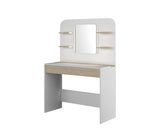 stylish makeup vanity with shelves and drawers