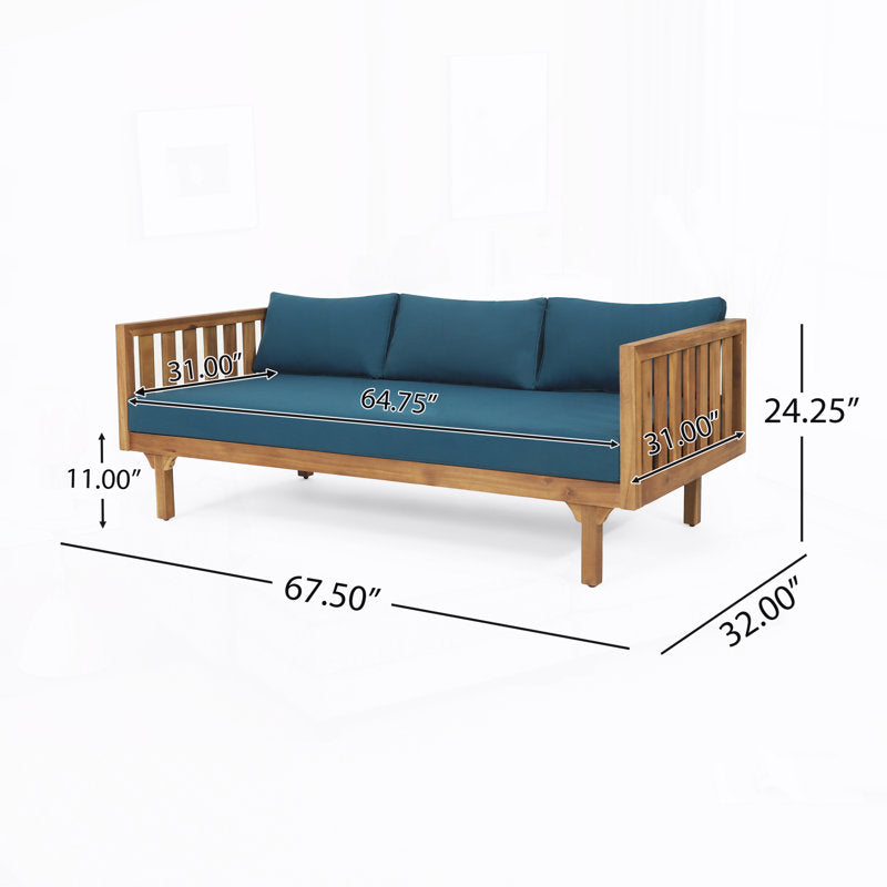 Stylish wooden couch with grey seating and decorative pillows
