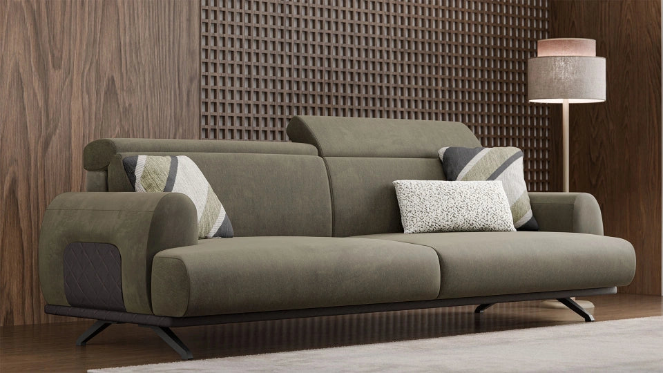Contemporary olive green velvet sofa with designer cushions