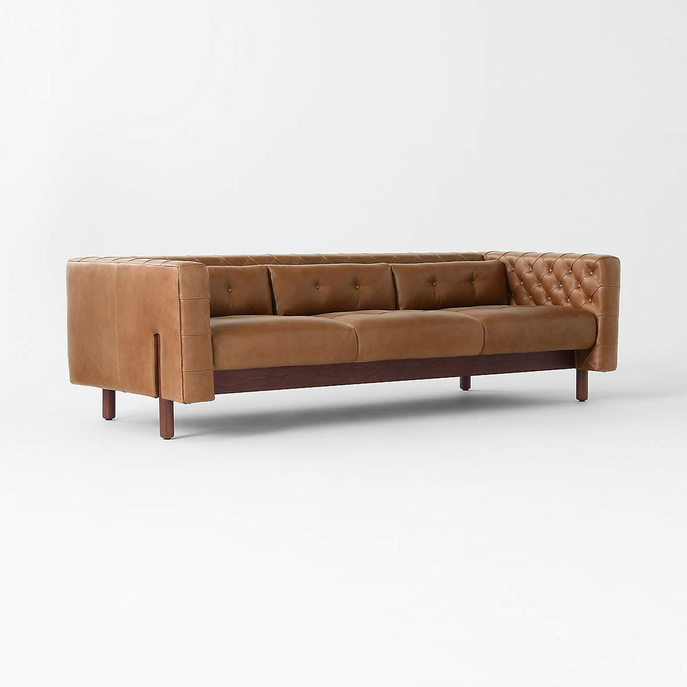 Mid-century modern leather sofa with teak wood frame