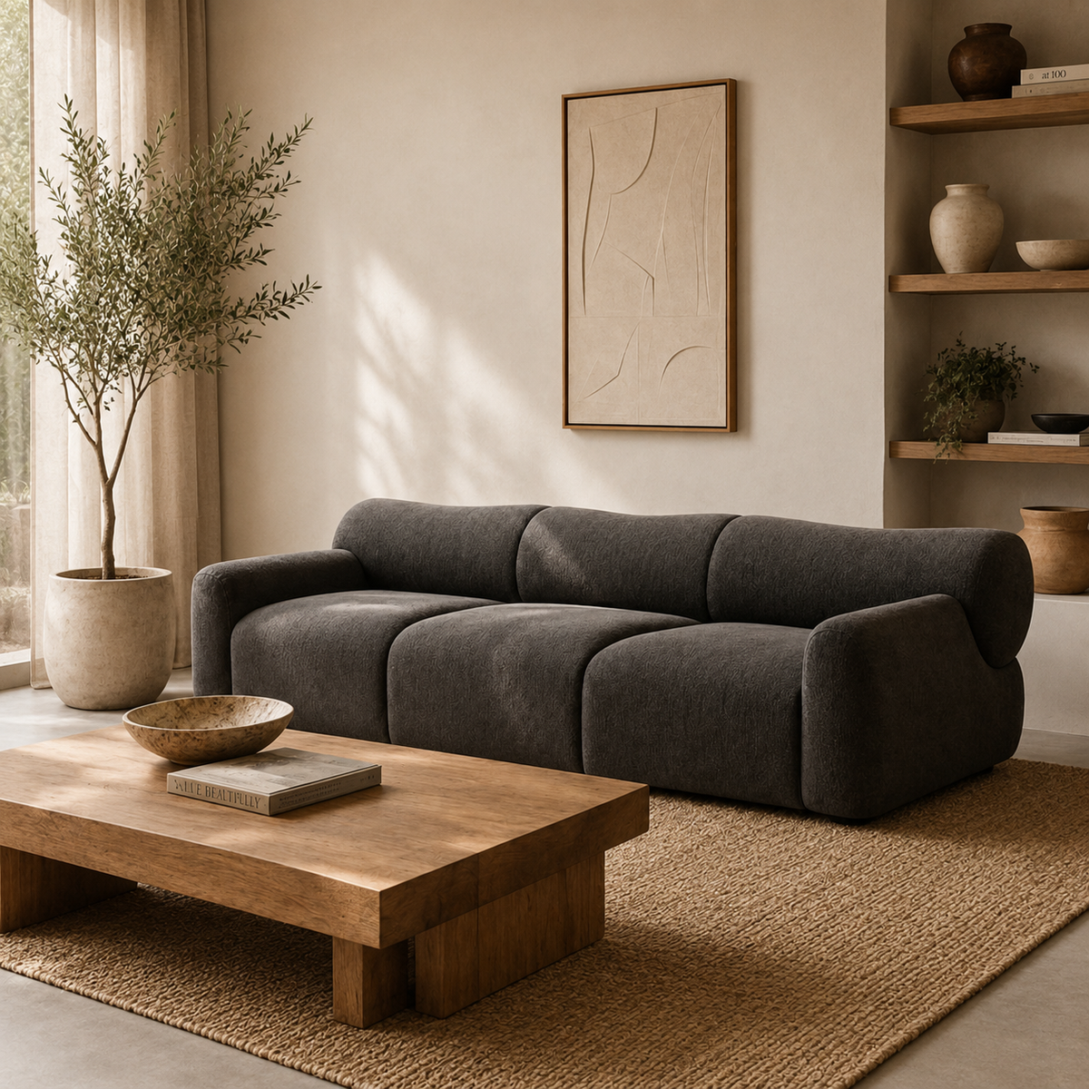 Modern 3 seater fabric sofa with solid teak wood frame