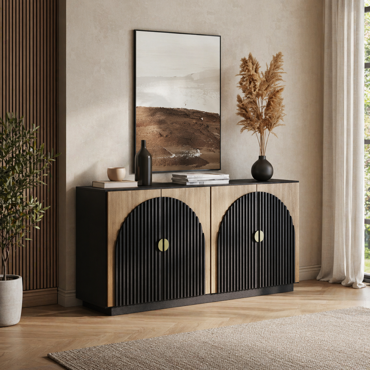 Modern black and wood fluted sideboard cabinet in living room