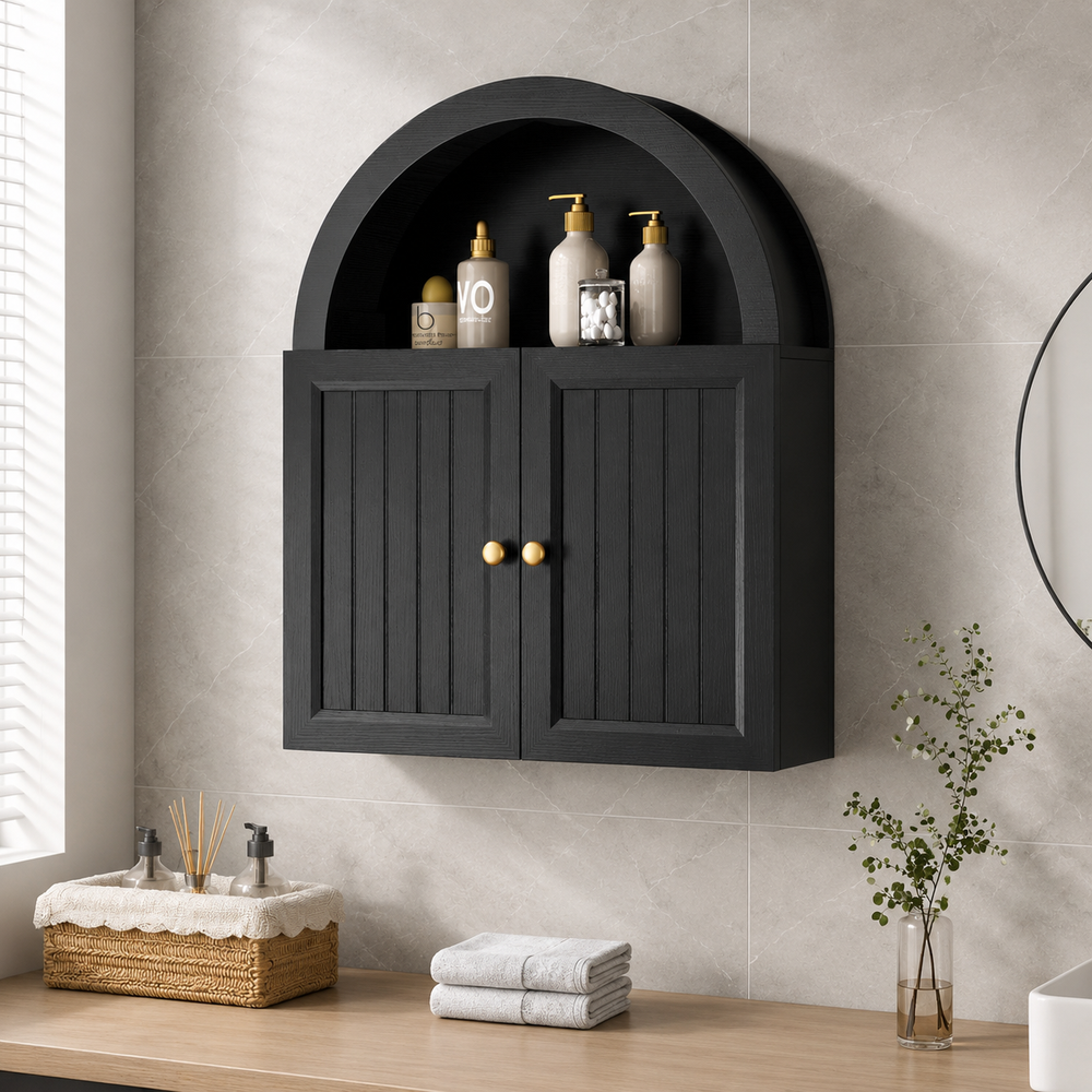 Black teak wood arched wall cabinet for bathroom storage