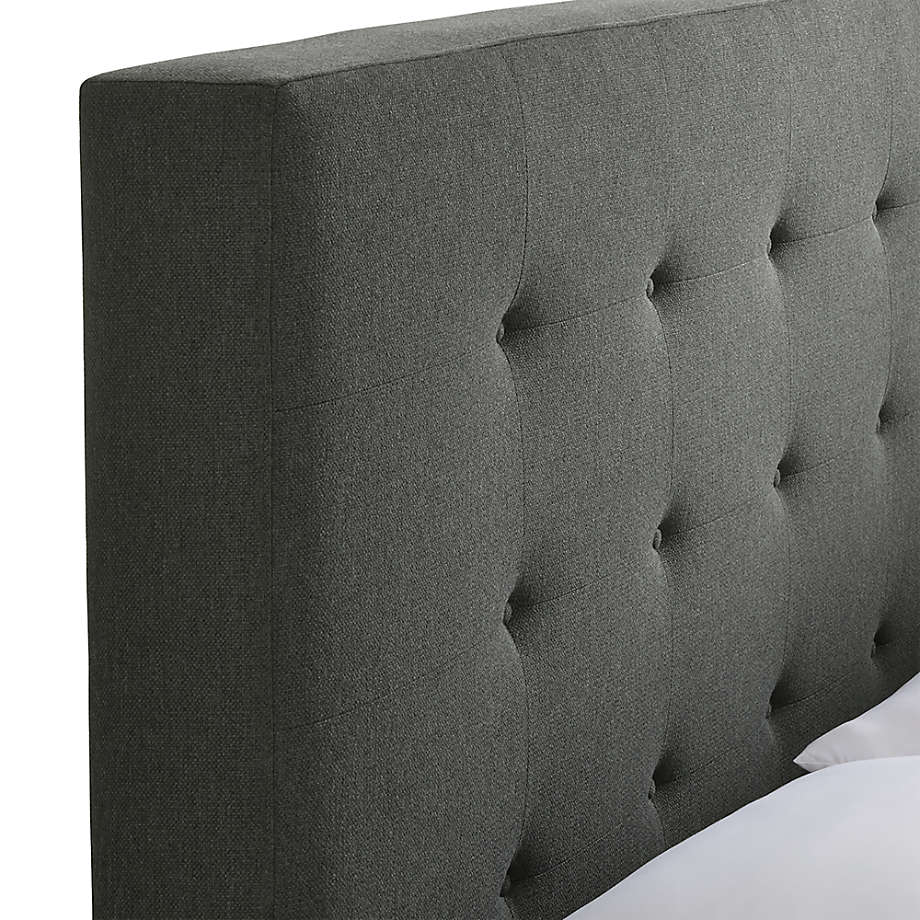 Stylish grey fabric upholstered bed made from solid teak wood