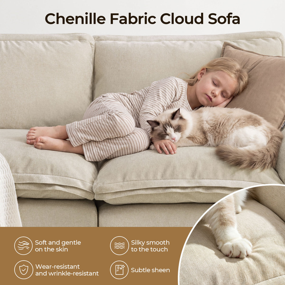 Deep seat fabric sofa with durable teak wood frame