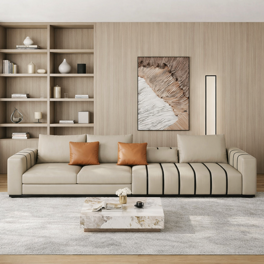 modern beige sectional sofa with teak wood frame