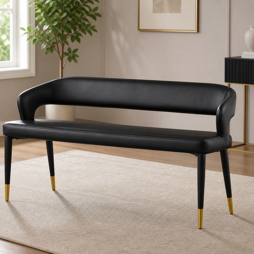 Modern black leather bench with gold tip legs