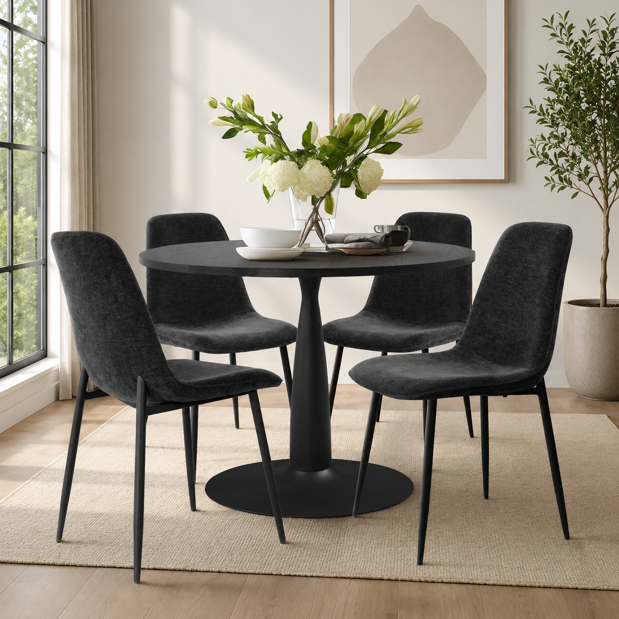 Modern black teak wood round dining table set with 4 upholstered chairs