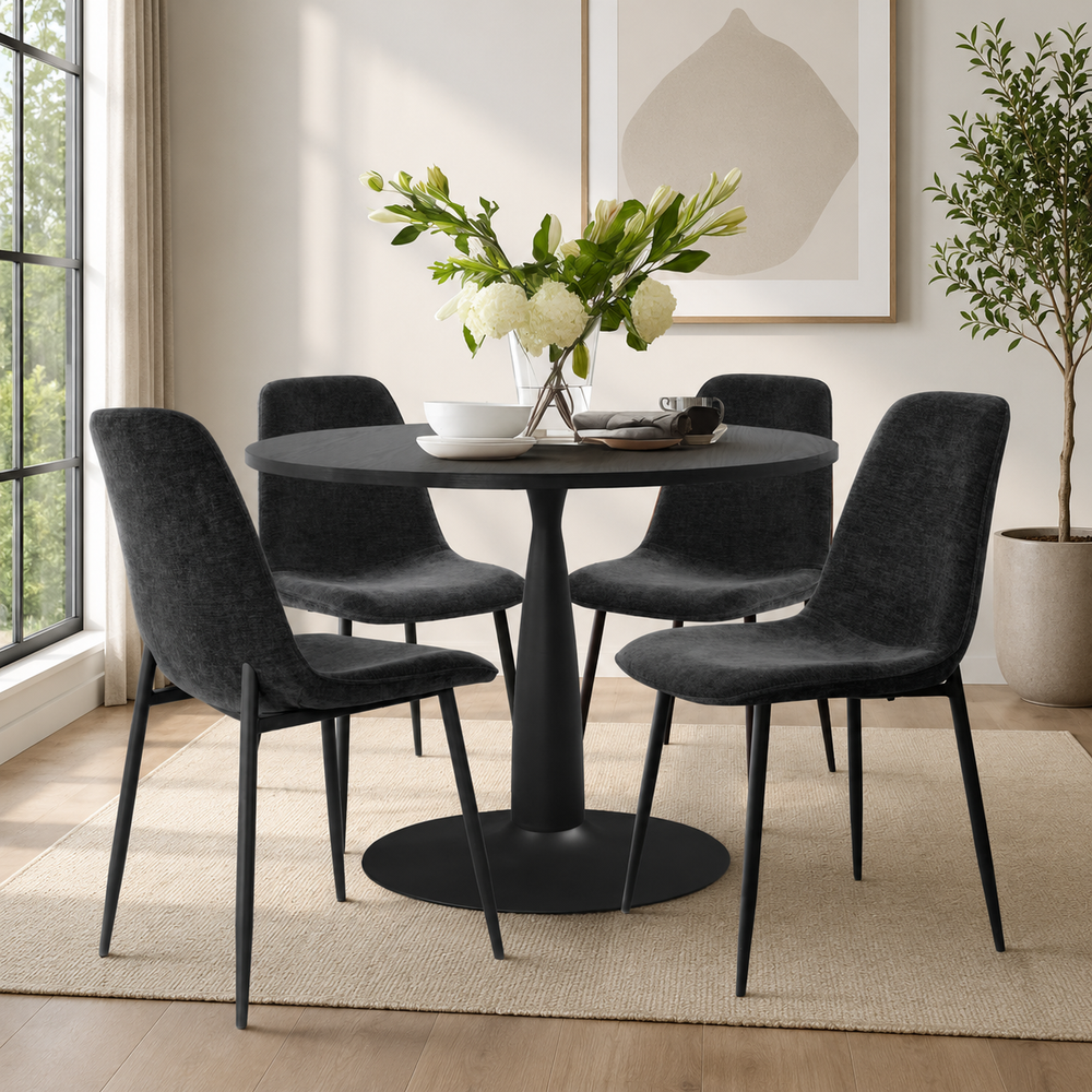 Modern black teak wood round dining table set with 4 upholstered chairs