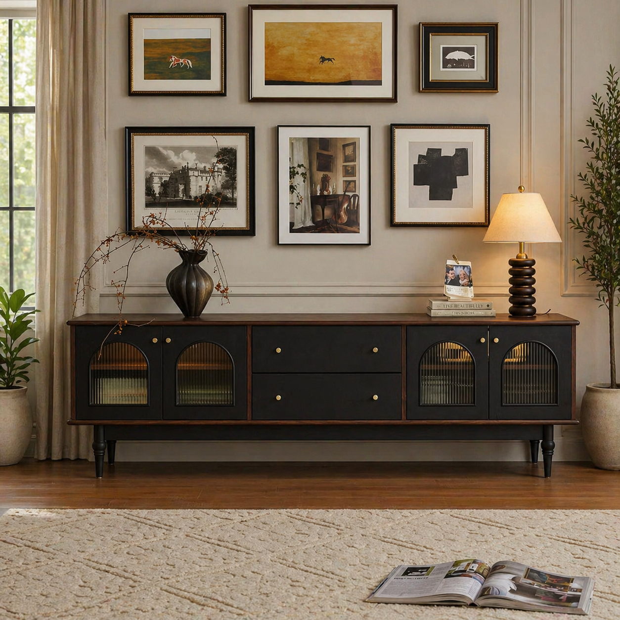 Modern black sideboard cabinet with arched ribbed glass doors and drawers