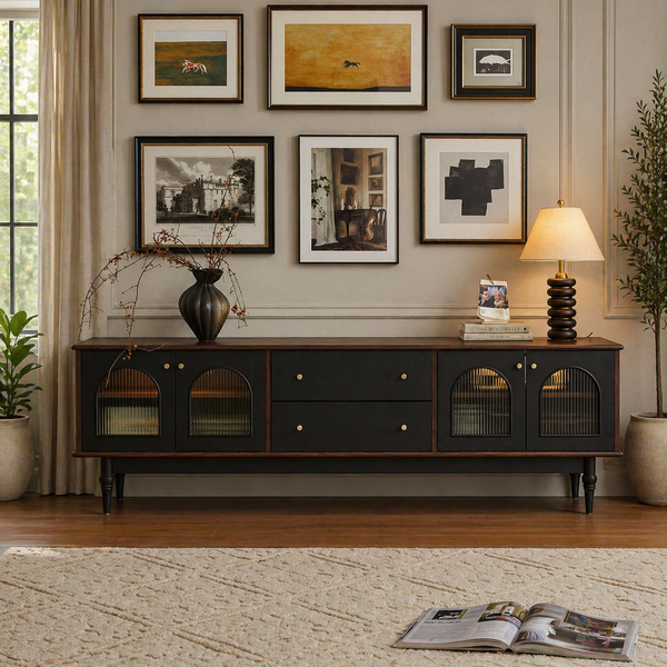Modern black sideboard cabinet with arched ribbed glass doors and drawers