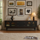 Modern black sideboard cabinet with arched ribbed glass doors and drawers