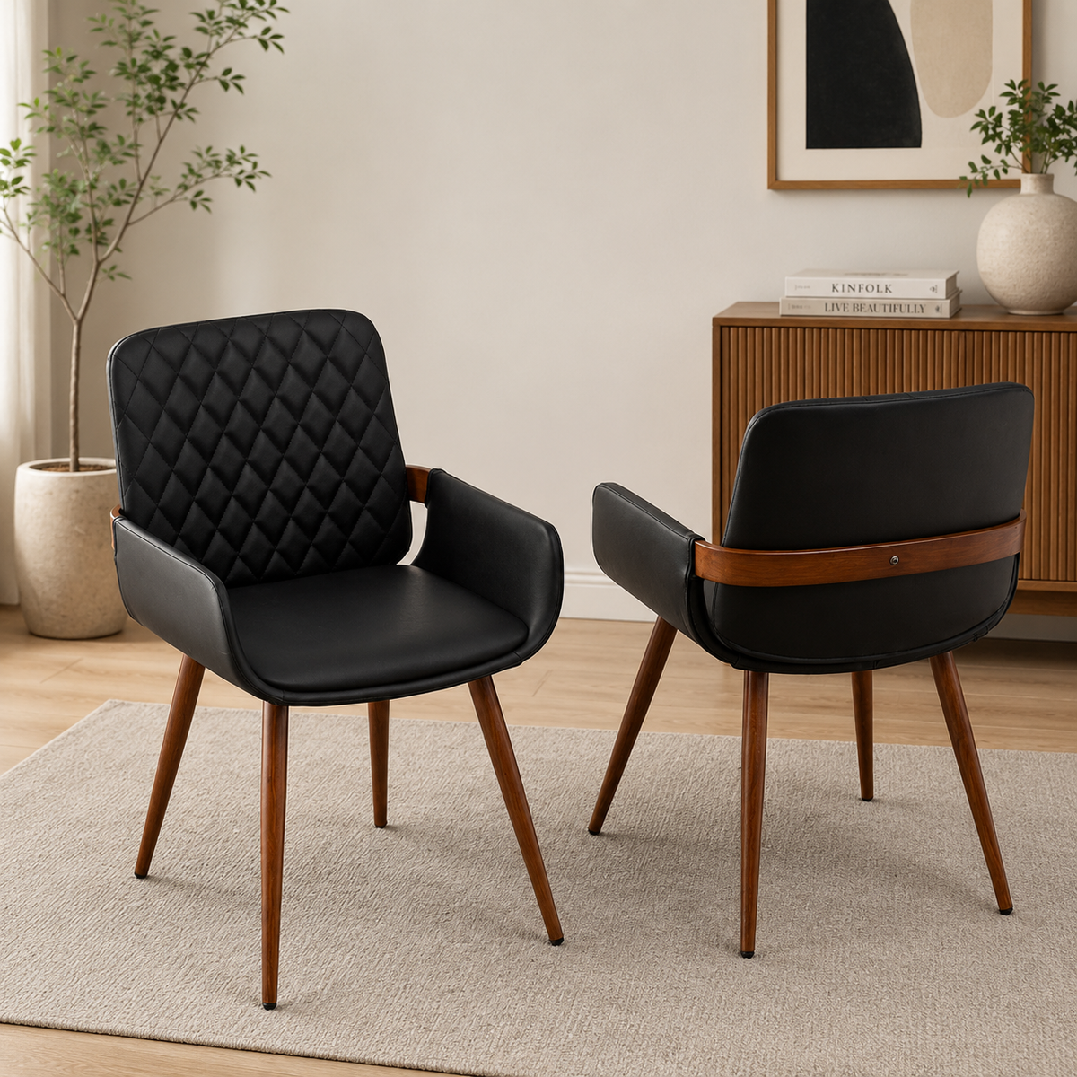 Modern black teak wood dining chair with armrest