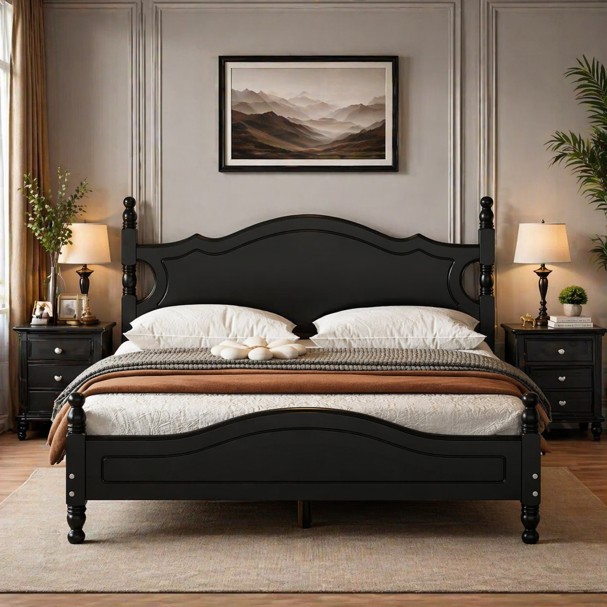modern black wooden bed frame with curved headboard