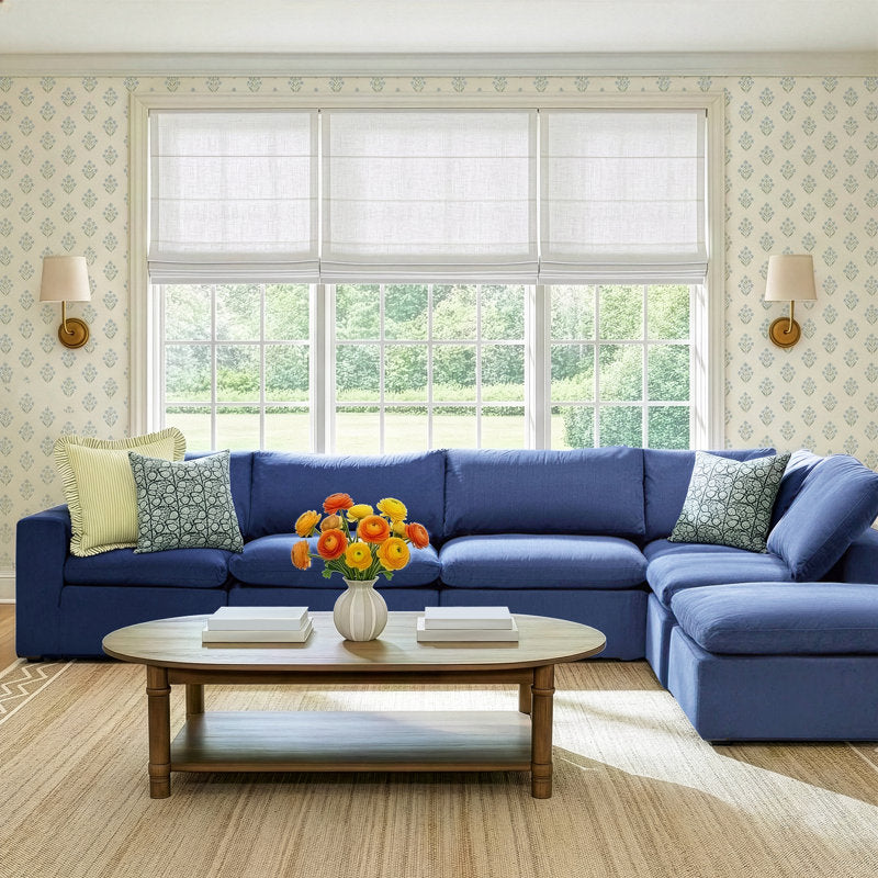 Premium solid teak wood sectional sofa with blue fabric upholstery