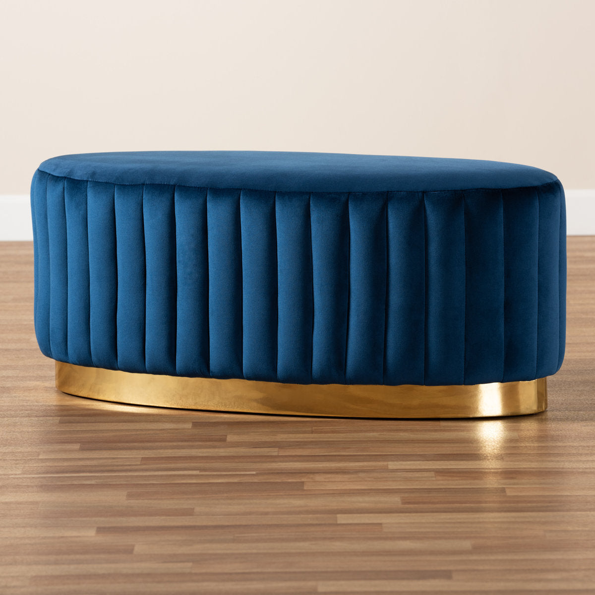 Contemporary blue velvet ottoman seating bench