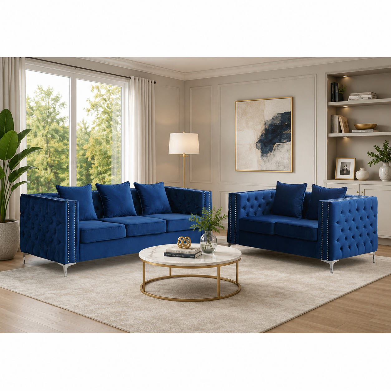Royal blue velvet Chesterfield sofa set with teak wood frame in modern living room