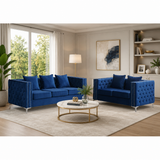 Royal blue velvet Chesterfield sofa set with teak wood frame in modern living room