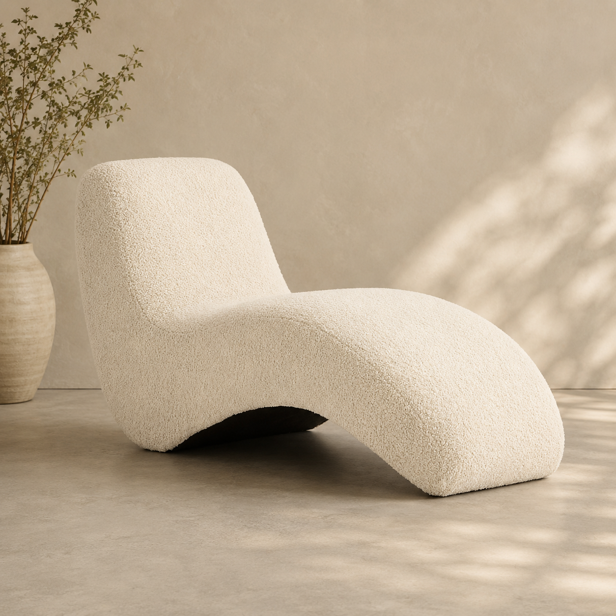 Modern curved bouclé lounge chair with teak wood frame in cream upholstery