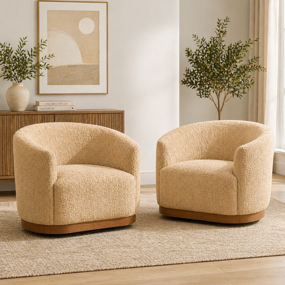 Modern bouclé swivel accent chair in beige barrel design