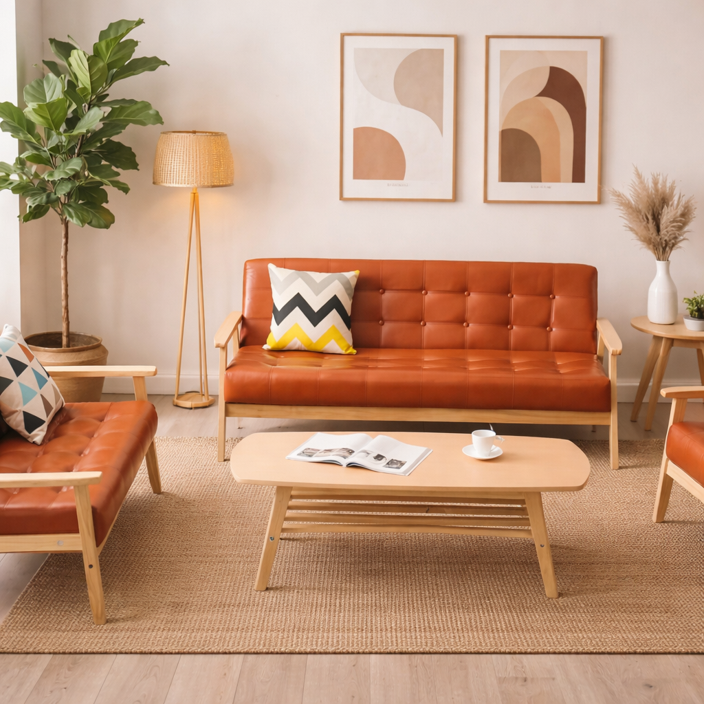 Modern brown leather sofa with wooden frame