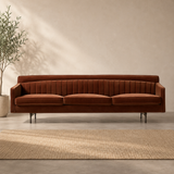Premium teak wood brown velvet 3-seater sofa for living room
