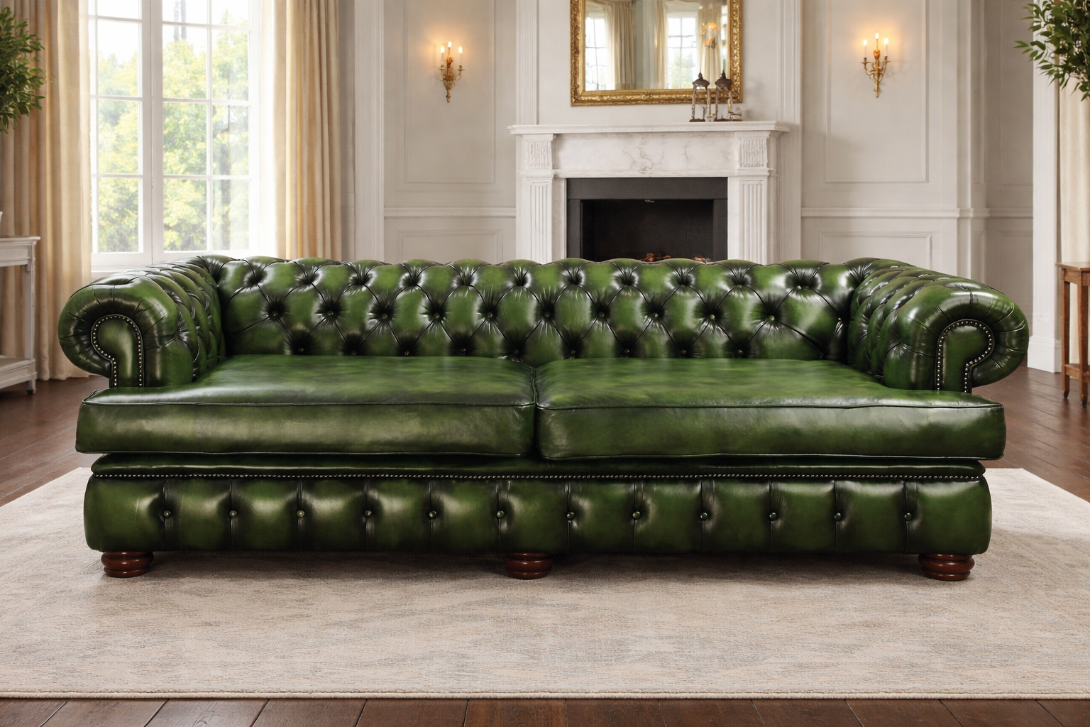 Premium 3 Seater Leather Sofa with Solid Teak Wood Frame – Luxury Chesterfield Design