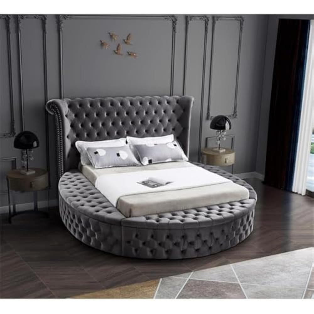 modern circular bed with velvet tufted design