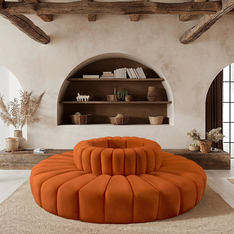 Modern circular designer sofa with teak wood frame