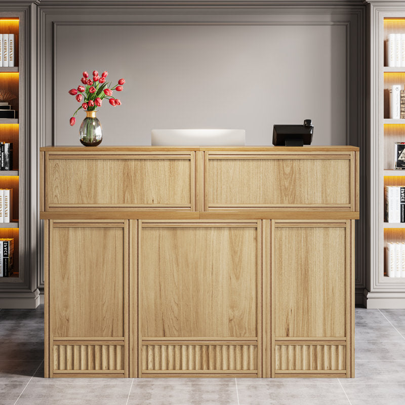 Elegant teak wood reception desk with fluted panels