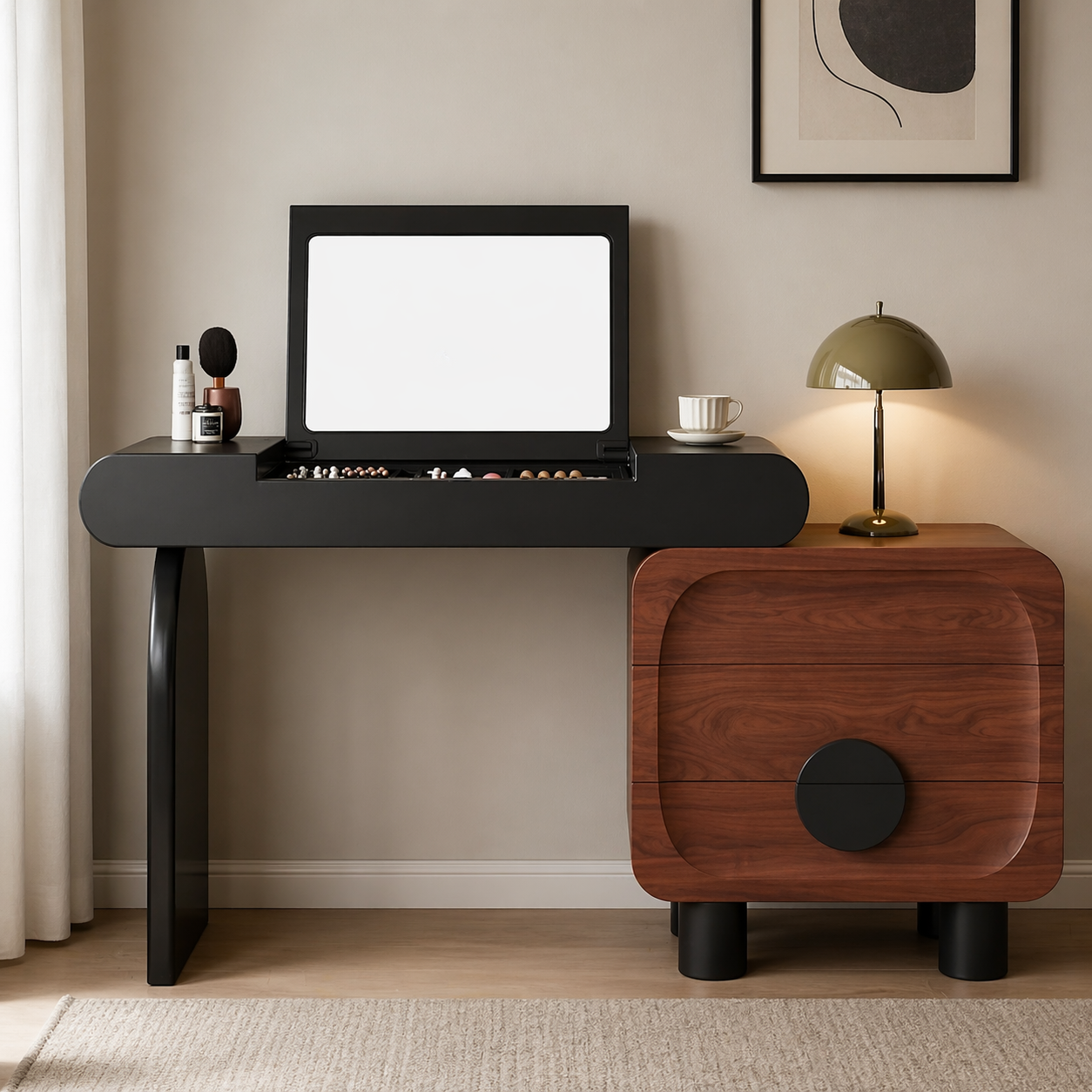 modern black walnut console table with storage cabinet