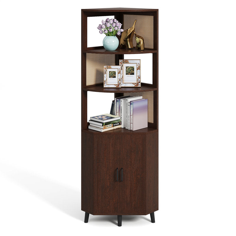 Multi-shelf teak wood corner organizer for small spaces
