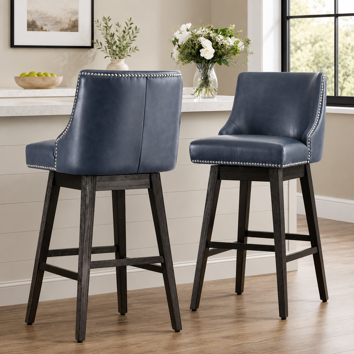 Luxury teak wood upholstered bar chair with nailhead trim