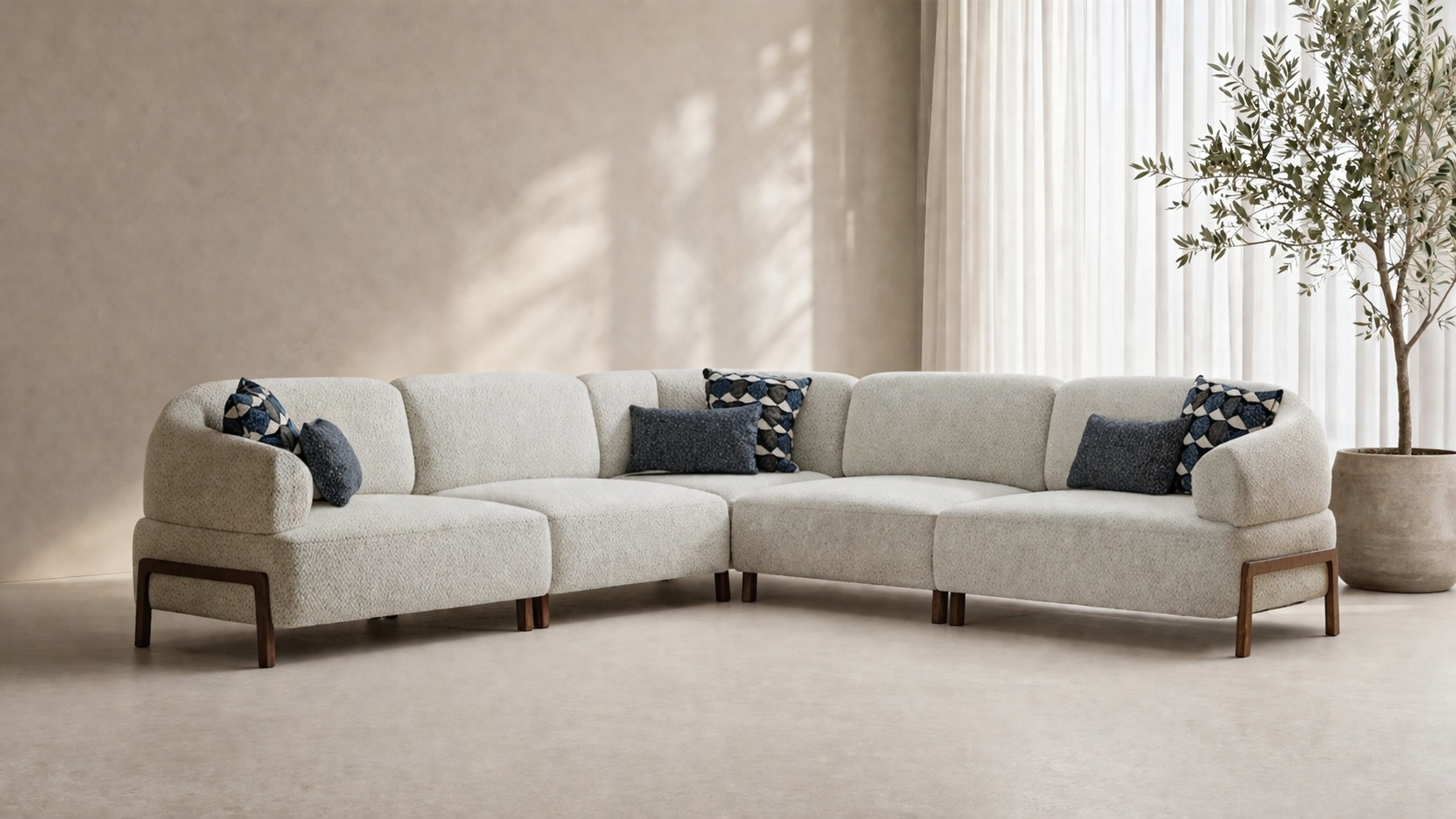 Modern curved cream boucle sectional sofa with teak wood base