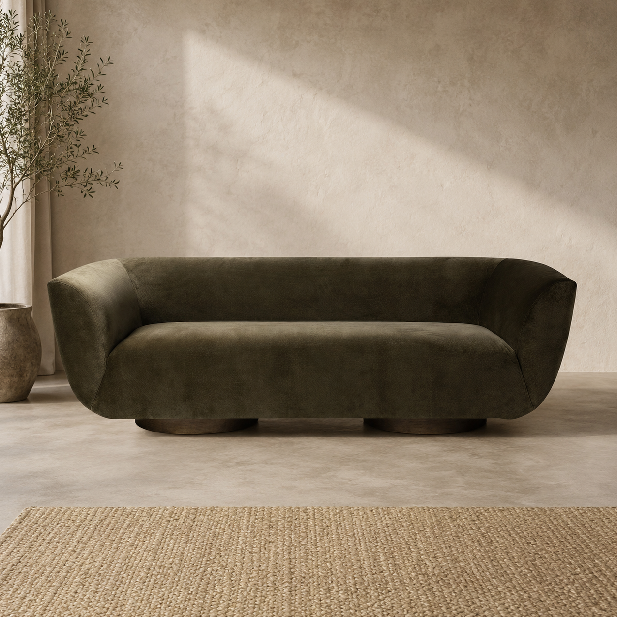 Modern curved teak wood sofa with olive green upholstery