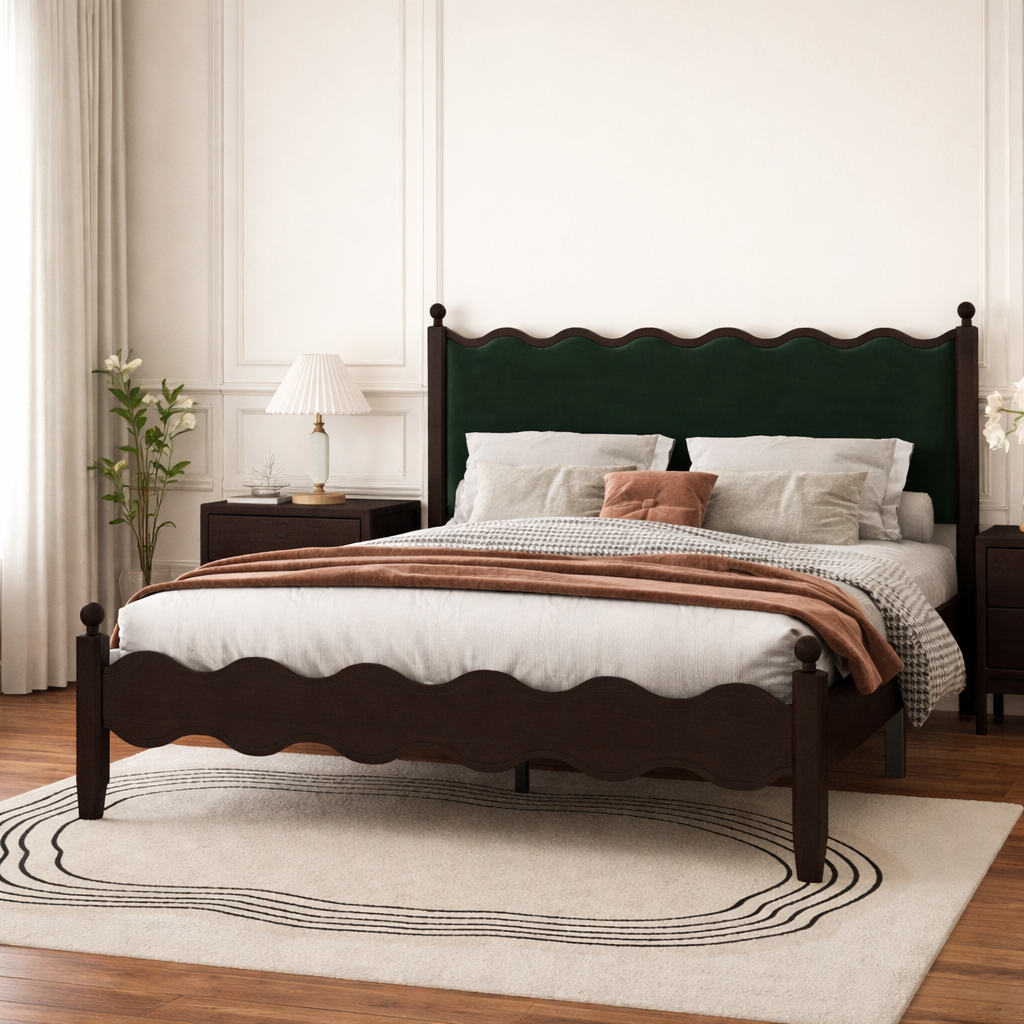 Wooden wave-design bed with green upholstered headboard