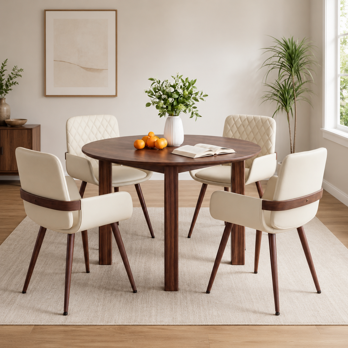 Solid teak wood round dining table set with upholstered chairs