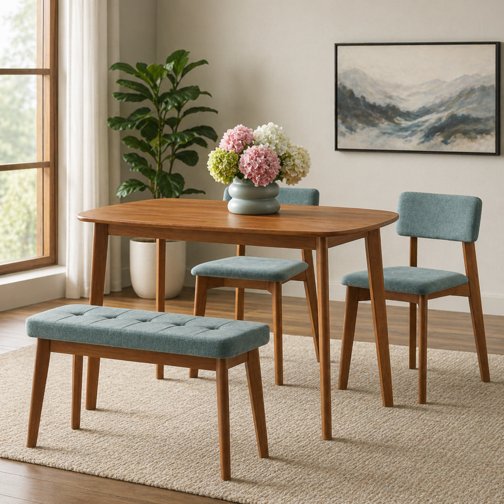 Modern wooden dining table set with upholstered chairs and bench
