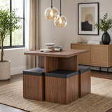 Modern wooden dining table with stools tucked inside