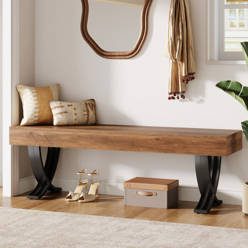handmade wooden bench with black legs