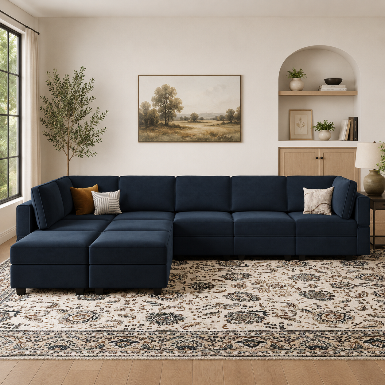 Modern L-shaped teak wood sectional sofa in navy blue