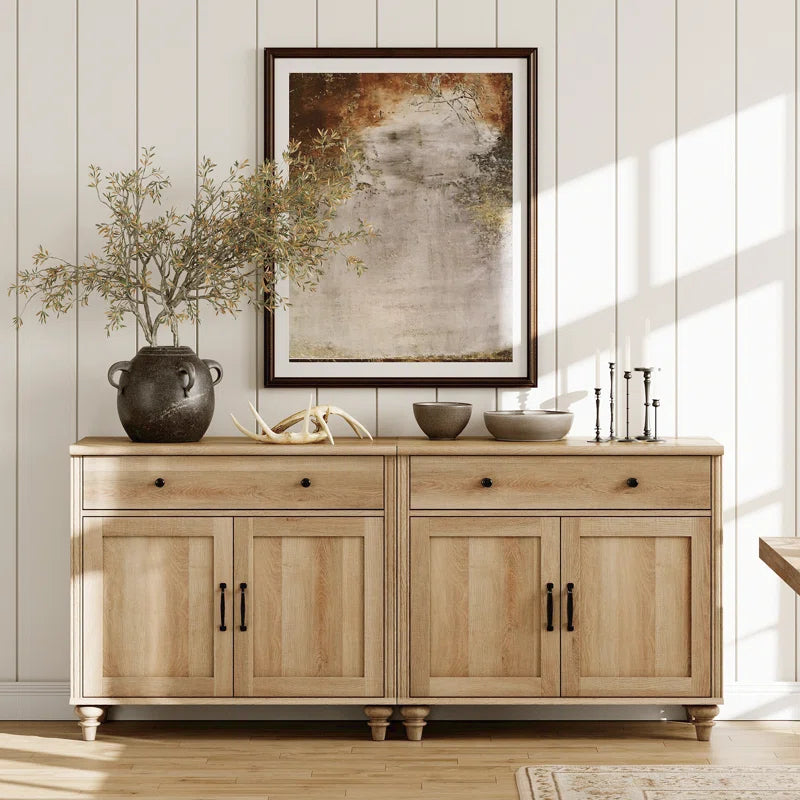 Wooden buffet storage cabinet with drawers and doors
