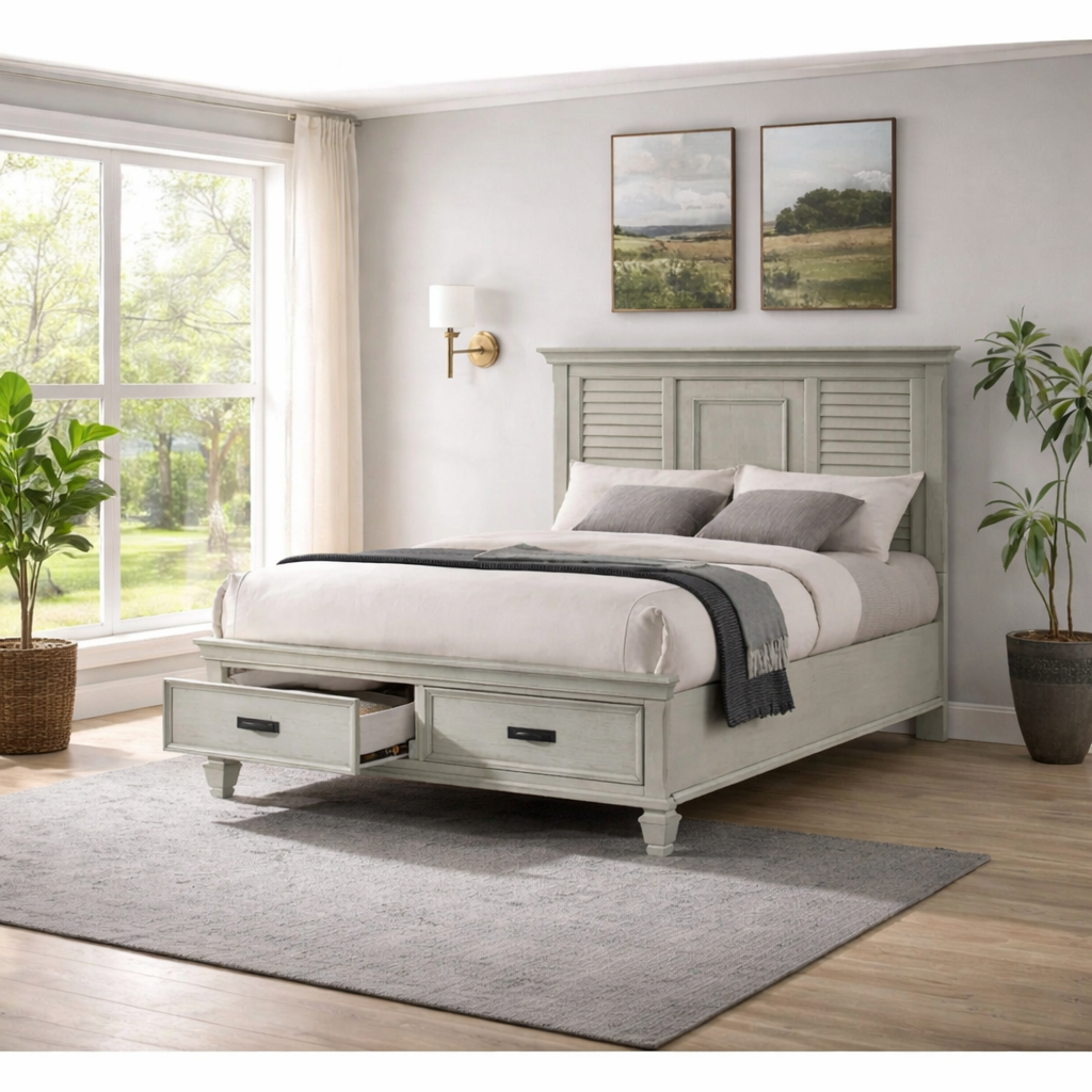 modern farmhouse white storage bed with drawers
