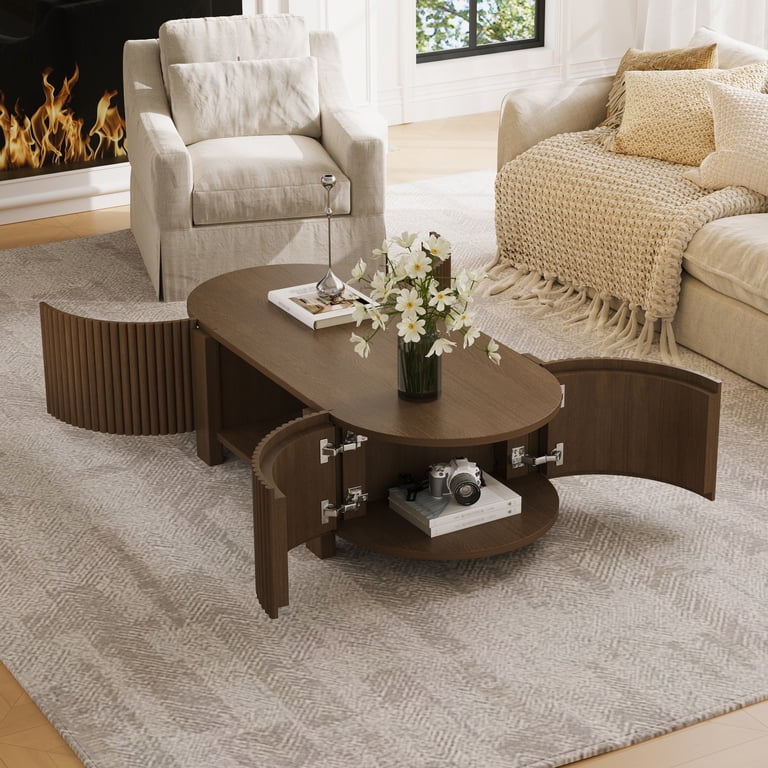 Designer walnut coffee table with fluted texture and open storage