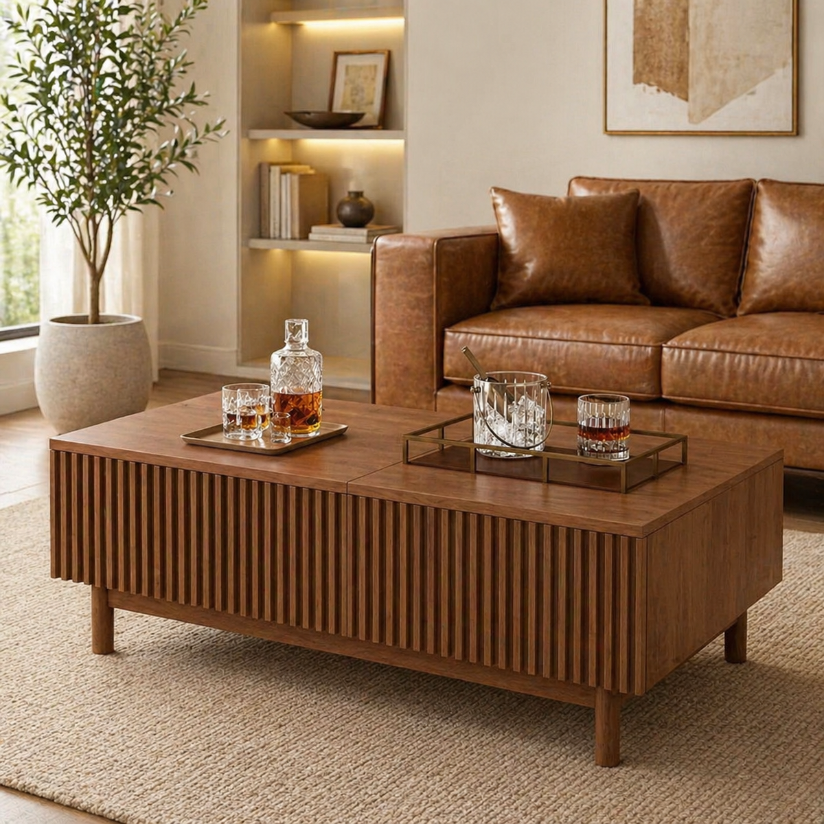 Modern fluted oval coffee table in walnut finish with open shelf storage