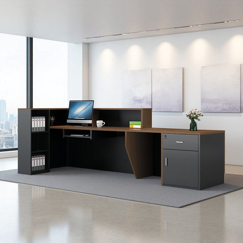Minimalist teak wood office reception counter design
