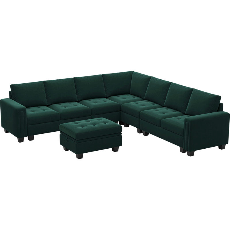 Teak wood frame sectional couch with matching ottoman