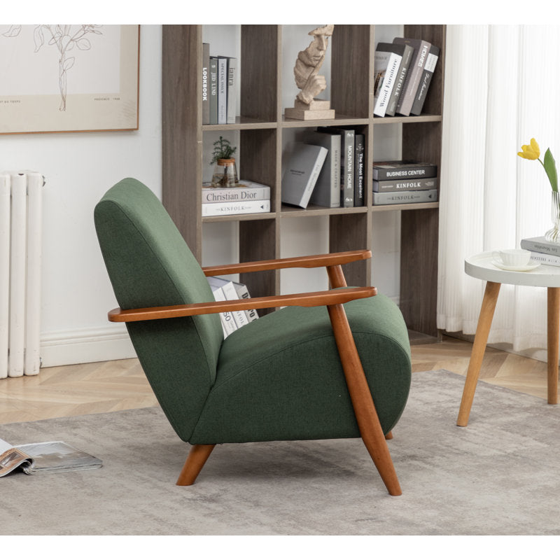 Modern teak wood lounge chair with green upholstery