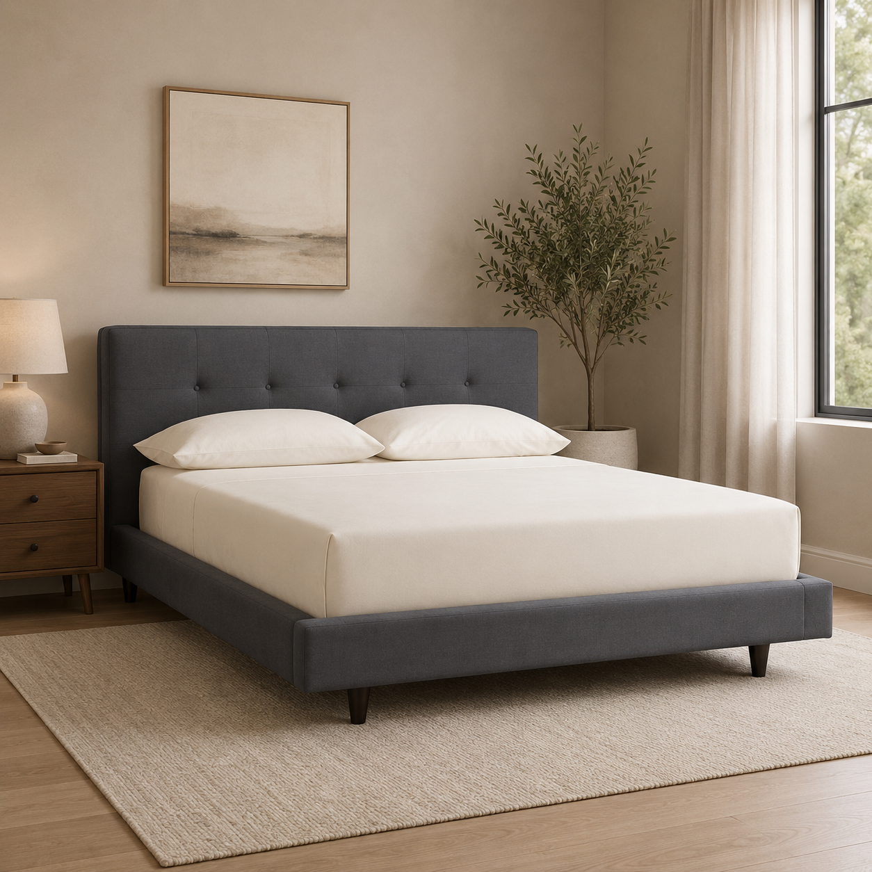 Modern grey upholstered teak wood bed frame with padded headboard
