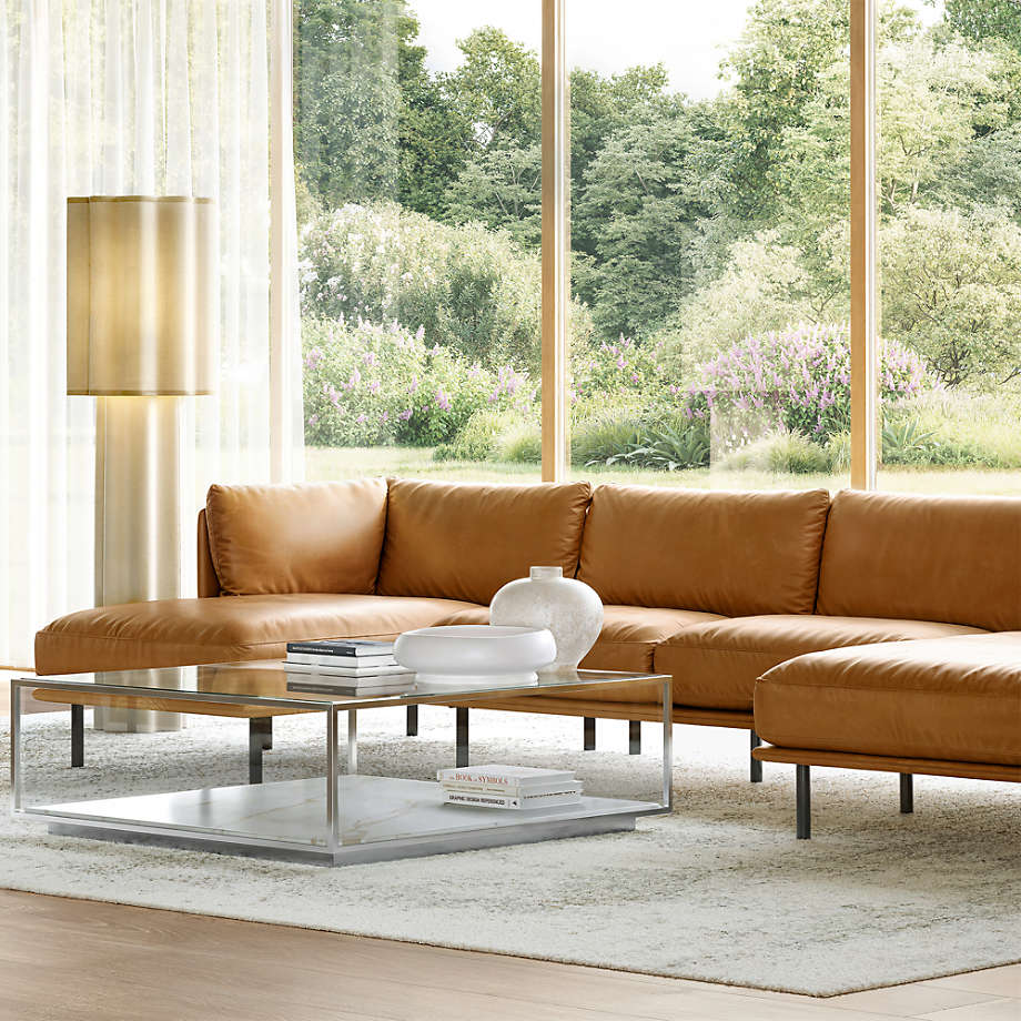 Luxury Teak Wood Leather Sectional Sofa | Modern L-Shape Couch | Sky Rise Decor